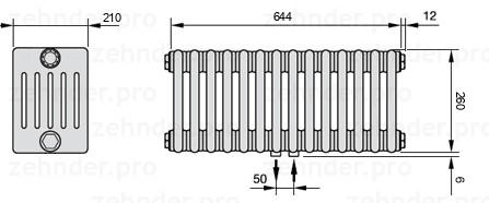 Схема (чертеж) Радиатор Zehnder Charleston 6026/14 №5410 Белый глянцевый RAL 9016